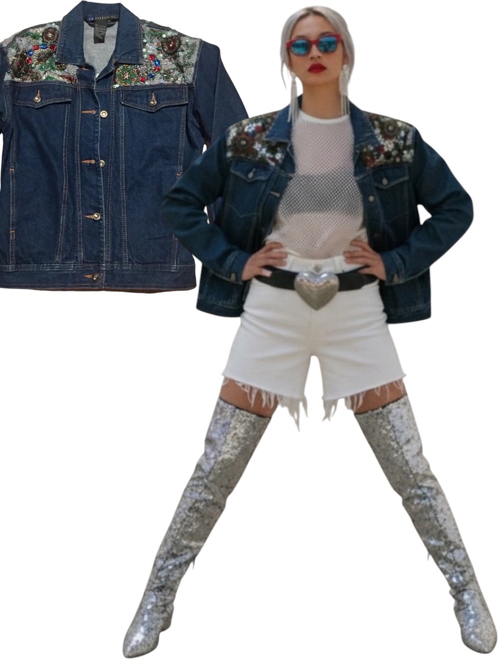 Vintage 80s IB DIFFUSION Sequin Beaded Denim Bomber Jacket Western Cowgirl Sz 4